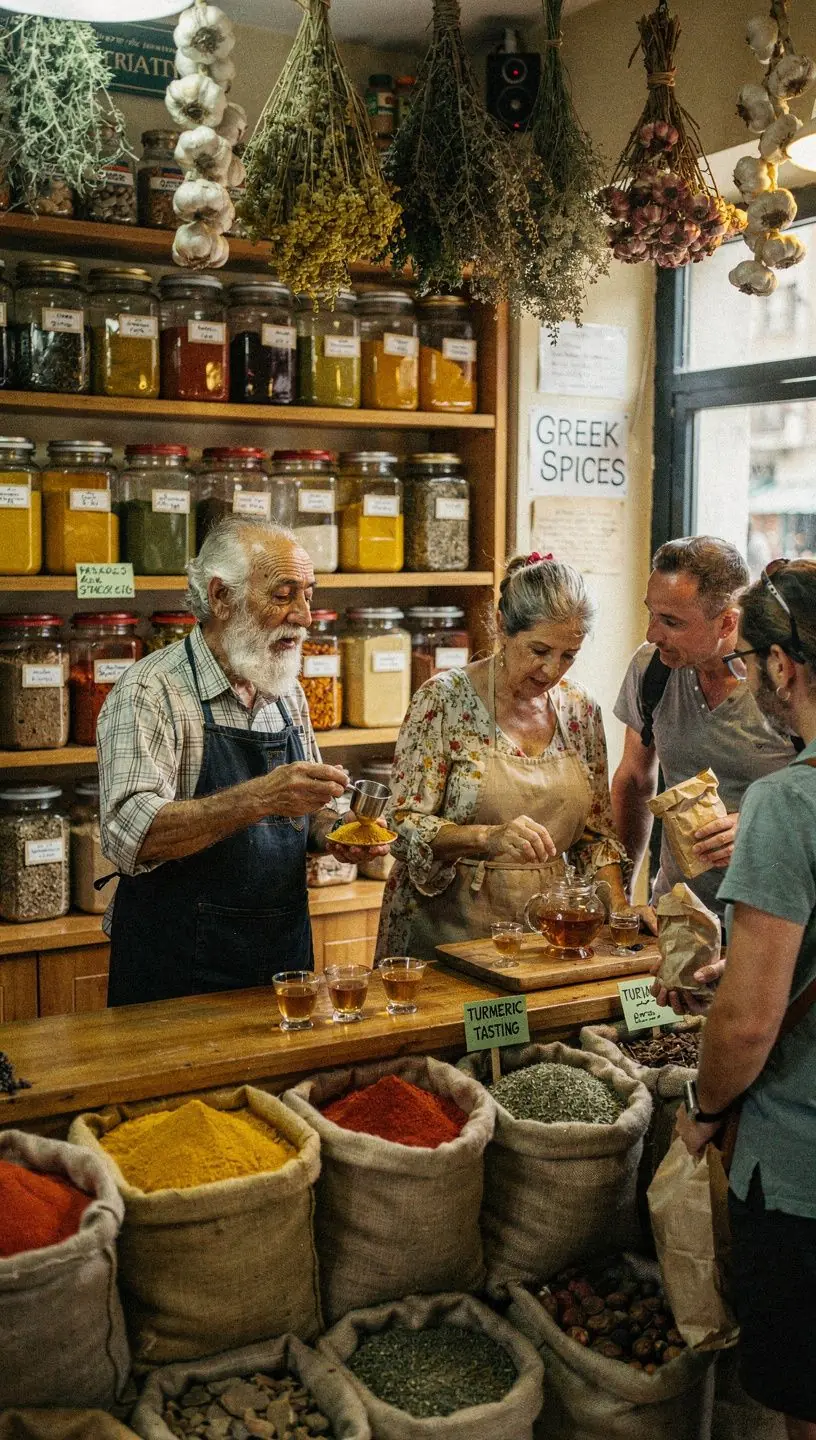 Σκηνή από ελληνική αγορά με φρέσκα μπαχαρικά, περιλαμβάνοντας κουρκουμά.