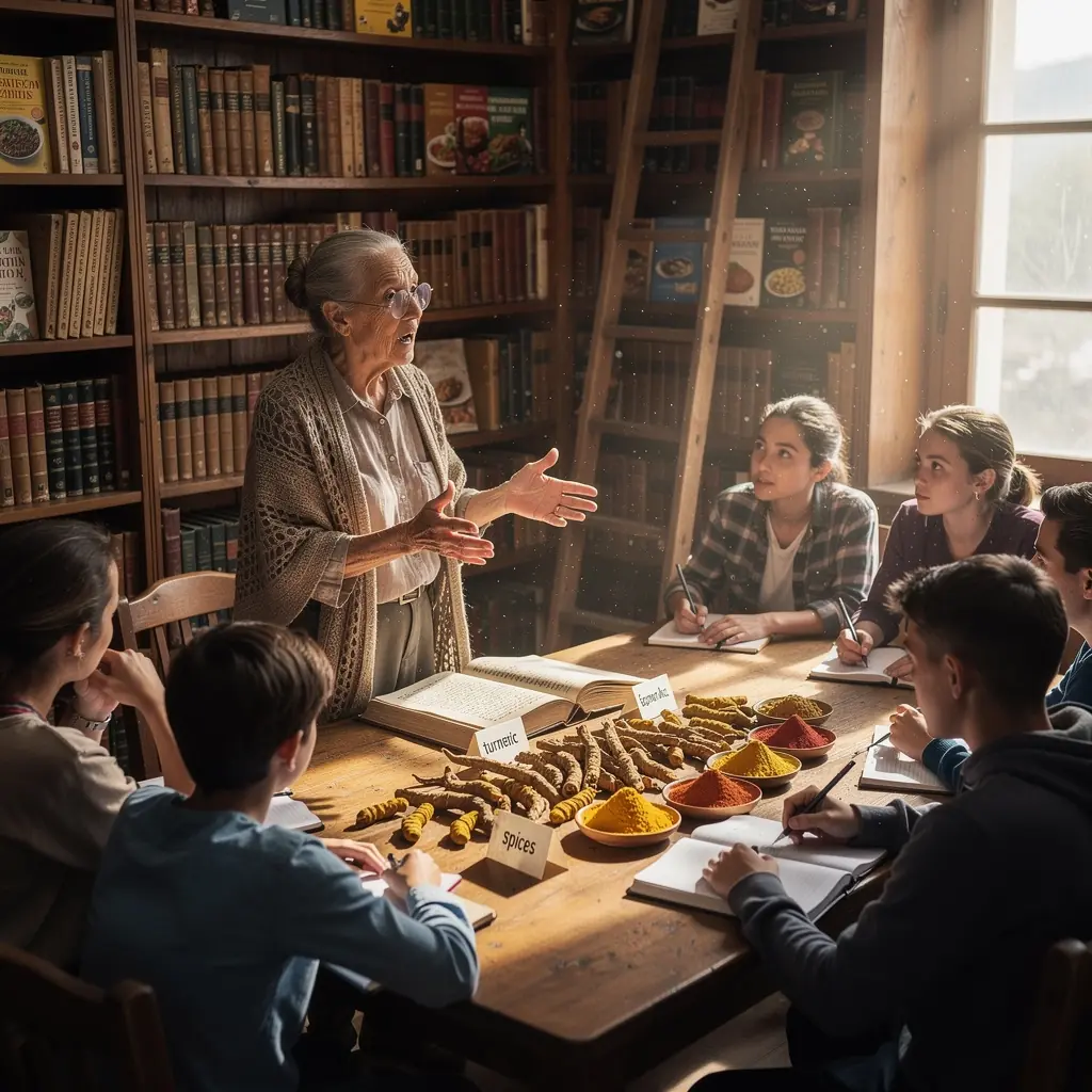 Φρέσκος κουρκουμάς κομμένος σε φέτες δίπλα σε μπαχαρικά και βότανα.