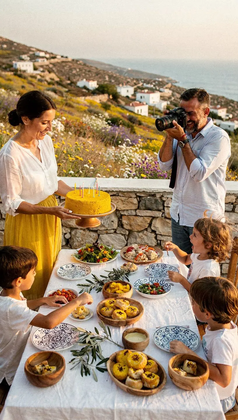 Κουτάλι γεμάτο κουρκουμά σε ένα ξύλινο τραπέζι με παραδοσιακά ελληνικά πιάτα.